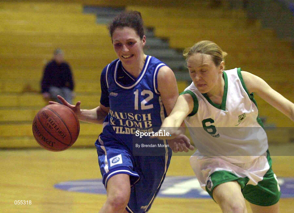 26 January 2001; Wildcats captain Christine Kiely holds off the challenge of Nolliag Cleary of UL Limerick during the ESB Women's Cup Semi-Final match between Wildcats and UL Limerick at the National Basketball Arena in Tallaght, Dublin. Photo by Brendan Moran/Sportsfile