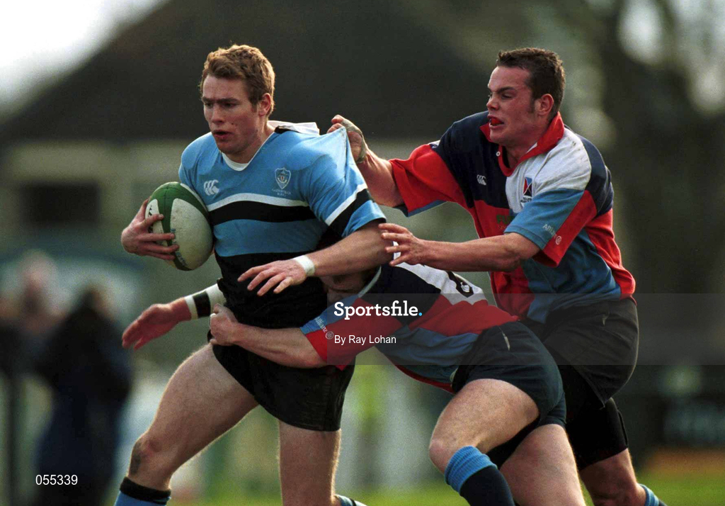 27 January 2001; Gavin Duffy of Galwegians is tackled by Sheldon Coulter and Chris McCarey of Belfast Harlequins during the AIB All-Ireland League Division 1 match between Galwegians and Belfast Harlequins at Crowley Park in Galway. Photo by Ray Lohan/Sportsfile