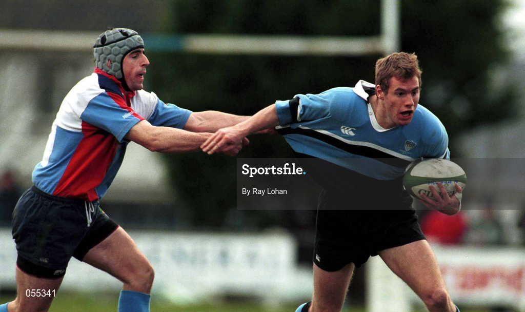 27 January 2001; Eric Elwood of Galwegians is tackled by Niall Malone of Belfast Harlequins during the AIB All-Ireland League Division 1 match between Galwegians and Belfast Harlequins at Crowley Park in Galway. Photo by Ray Lohan/Sportsfile