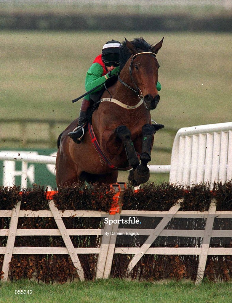 27 January 2001; Limestone Lad, with Shane McGovern up, clears the last to win The Bank Of Ireland Hurdle at Fairyhouse Racecourse in Ratoath, Meath. Photo by Damien Eagers/Sportsfile