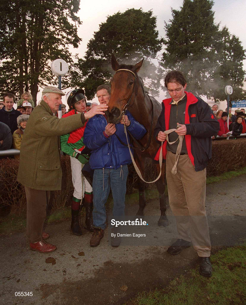 27 January 2001; Limestone Lad with winning connections, from left, trainer James Bowe, jockey Shane McGovern, and Michael Bowe, son of James Bowe at Fairyhouse Racecourse in Ratoath, Meath. Photo by Damien Eagers/Sportsfile
