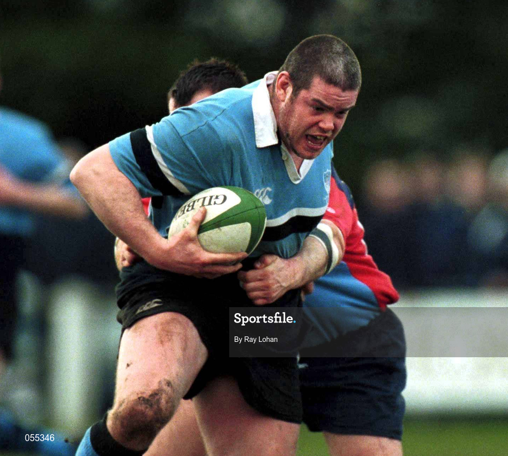 27 January 2001; Peter Bracken of Galwegians is tackled by Peter Matchett of Belfast Harlequins during the AIB All-Ireland League Division 1 match between Galwegians and Belfast Harlequins at Crowley Park in Galway. Photo by Ray Lohan/Sportsfile