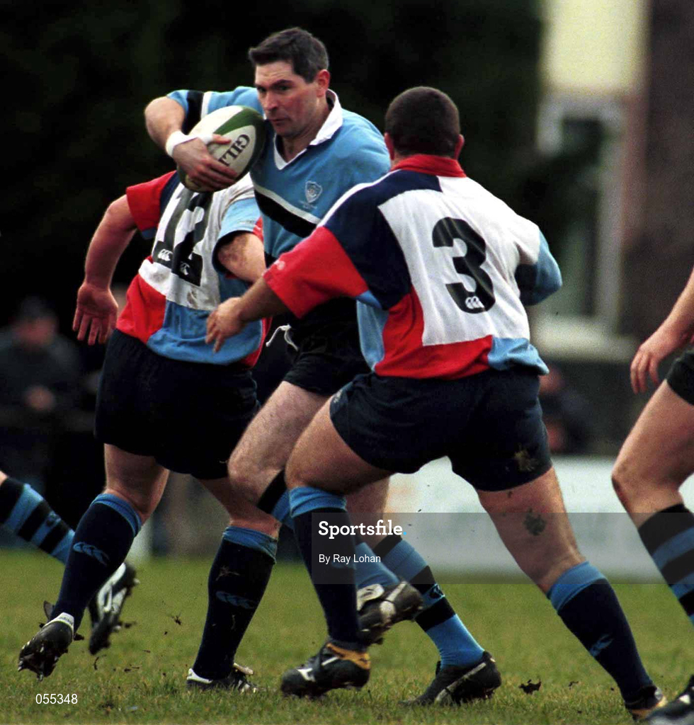 27 January 2001; Dan McFarland of Galwegians is tackled by Mark Crothers, left, and Davy Scott of Belfast Harlequins during the AIB All-Ireland League Division 1 match between Galwegians and Belfast Harlequins at Crowley Park in Galway. Photo by Ray Lohan/Sportsfile