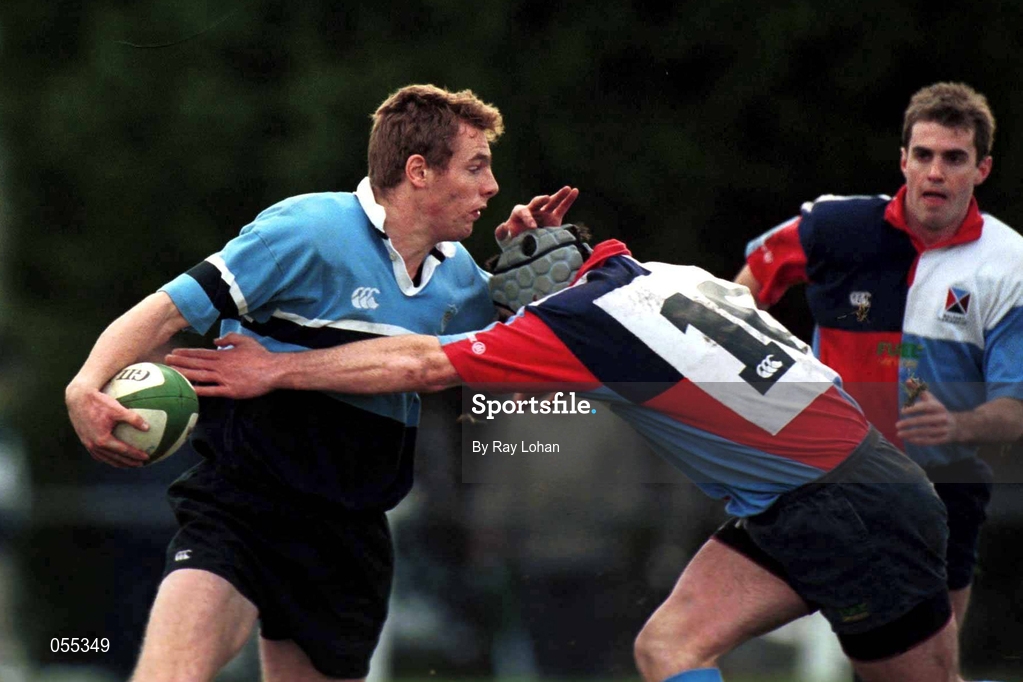 27 January 2001; Gavin Duffy of Galwegians is tackled by Niall Malone of Belfast Harlequins during the AIB All-Ireland League Division 1 match between Galwegians and Belfast Harlequins at Crowley Park in Galway. Photo by Ray Lohan/Sportsfile
