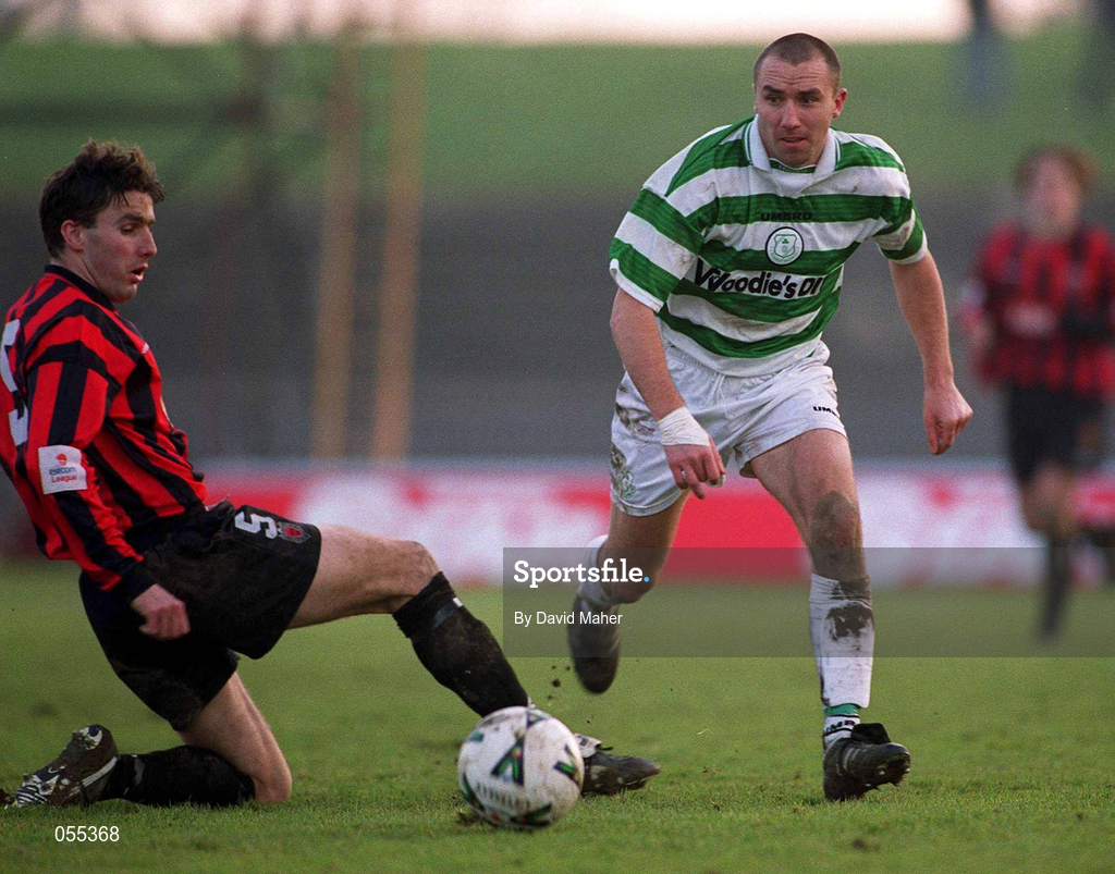 28 January 2001; Tony Grant of Shamrock Rovers is tackled by Shaun Maher of Bohemians during the Eircom League Premier Division match between Shamrock Rovers and Bohemians at Morton Stadium in Santry, Dublin. Photo by David Maher/Sportsfile