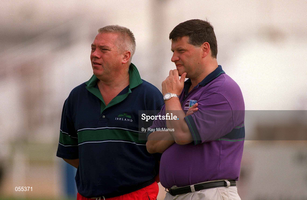 26 January 2001; Paidi O'Se and John O'Mahony during an exhibition match on the Eircell GAA All-Star tour at the Dubai Rugby Ground in Dubai, United Arab Emirates. Photo by Ray McManus/Sportsfile