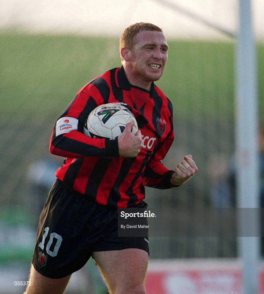 28 January 2001; Glen Crowe of Bohemians celebrates after scoring his sides fourth goal during the Eircom League Premier Division match between Shamrock Rovers and Bohemians at Morton Stadium in Santry, Dublin. Photo by David Maher/Sportsfile