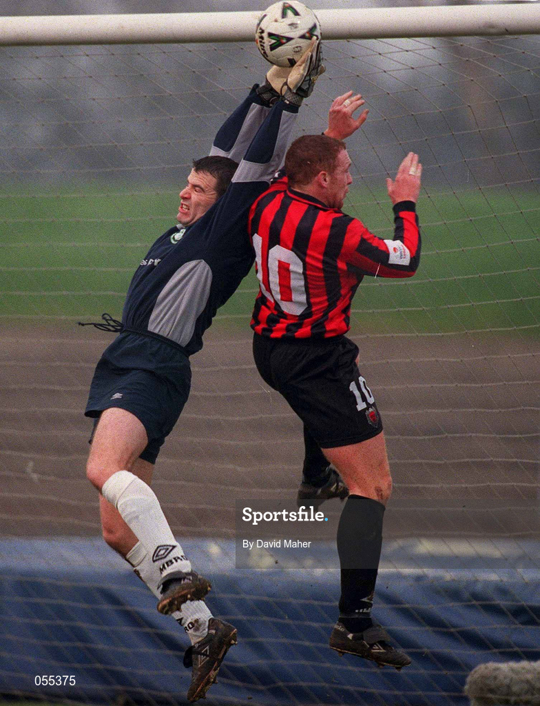 28 January 2001; Robbie Horgan of Shamrock Rovers is tackled by Glen Crowe of Bohemians during the Eircom League Premier Division match between Shamrock Rovers and Bohemians at Morton Stadium in Santry, Dublin. Photo by David Maher/Sportsfile