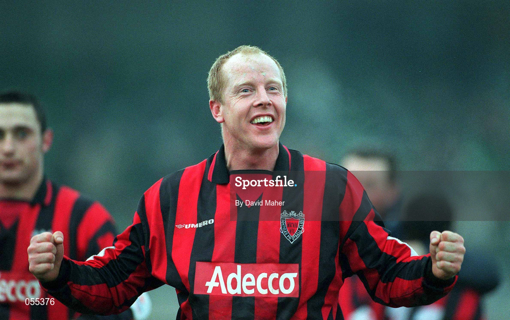 28 January 2001; Dave Hill of Bohemians celebrates at the final whistle of the Eircom League Premier Division match between Shamrock Rovers and Bohemians at Morton Stadium in Santry, Dublin. Photo by David Maher/Sportsfile