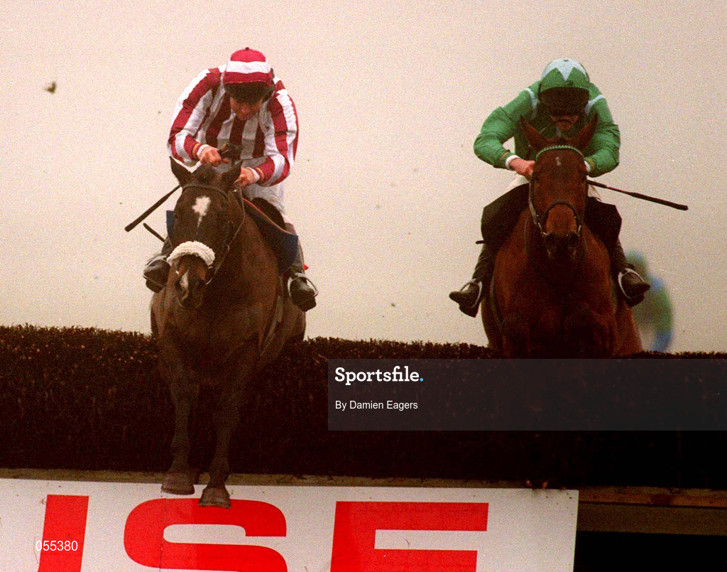 28 January 2001; Klairon Davis, left, with Conor O'Dwyer up, clears the last ahead of Papillon, with Ruby Walsh up, on their way to winning The Normans Grove Steeplechase at Fairyhouse Racecourse in Ratoath, Meath. Photo by Damien Eagers/Sportsfile