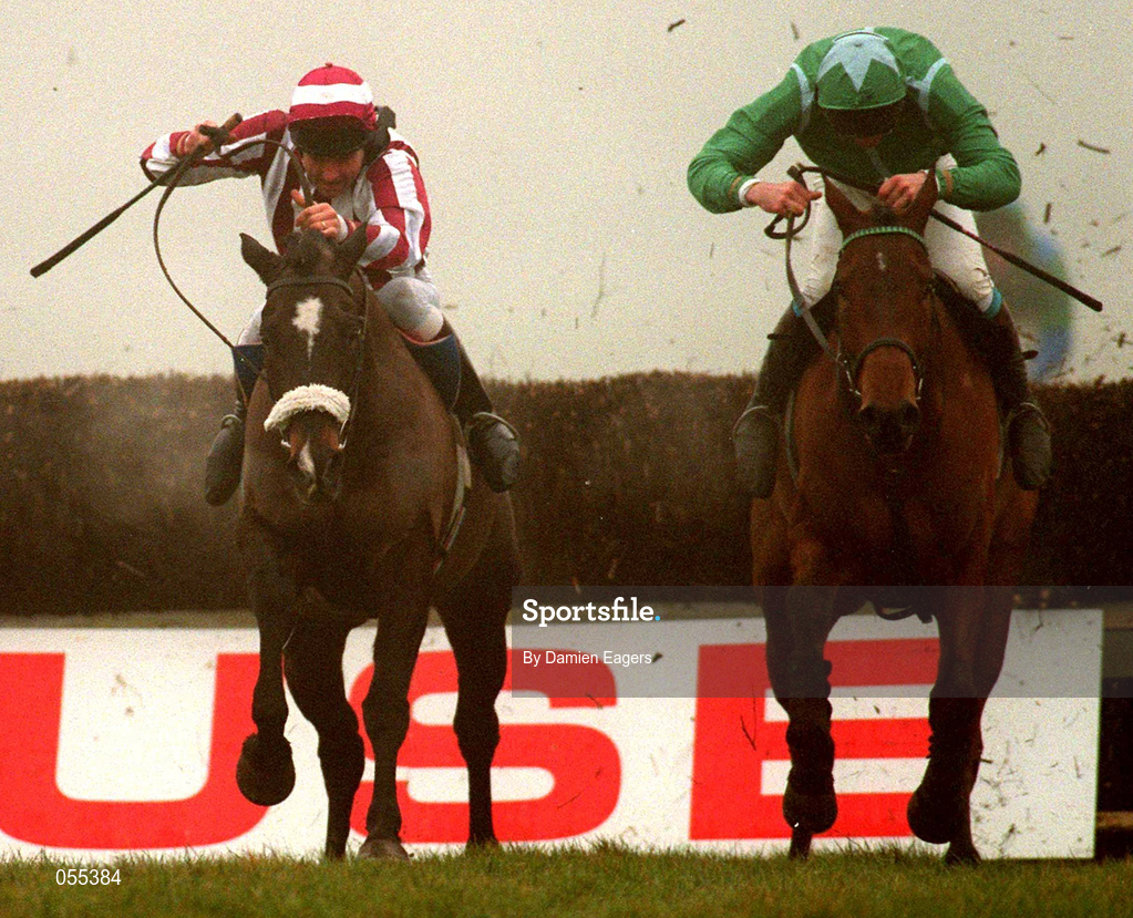 28 January 2001; Klairon Davis, left, with Conor O'Dwyer up, clears the last ahead of Papillon, with Ruby Walsh up, on their way to winning The Normans Grove Steeplechase at Fairyhouse Racecourse in Ratoath, Meath. Photo by Damien Eagers/Sportsfile