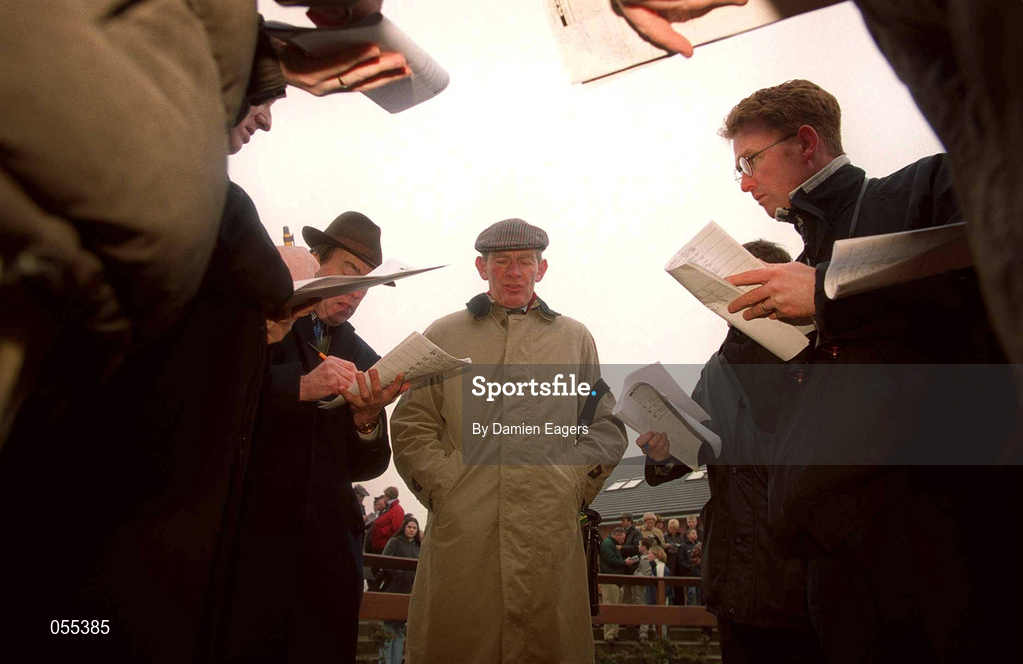 28 January 2001; Trainer Arthur Moore speaks to journalists after sending out Klairon to win at Fairyhouse Racecourse in Ratoath, Meath. Photo by Damien Eagers/Sportsfile