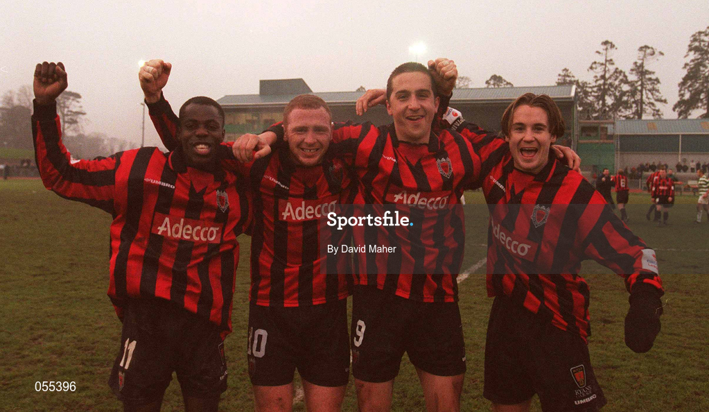 28 January 2001; Bohemians' players, from left, Mark Rutherford, Glen Crowe, Alex Nesovic and Kevin Hunt celebrate following the Eircom League Premier Division match between Shamrock Rovers and Bohemians at Morton Stadium in Santry, Dublin. Photo by David Maher/Sportsfile
