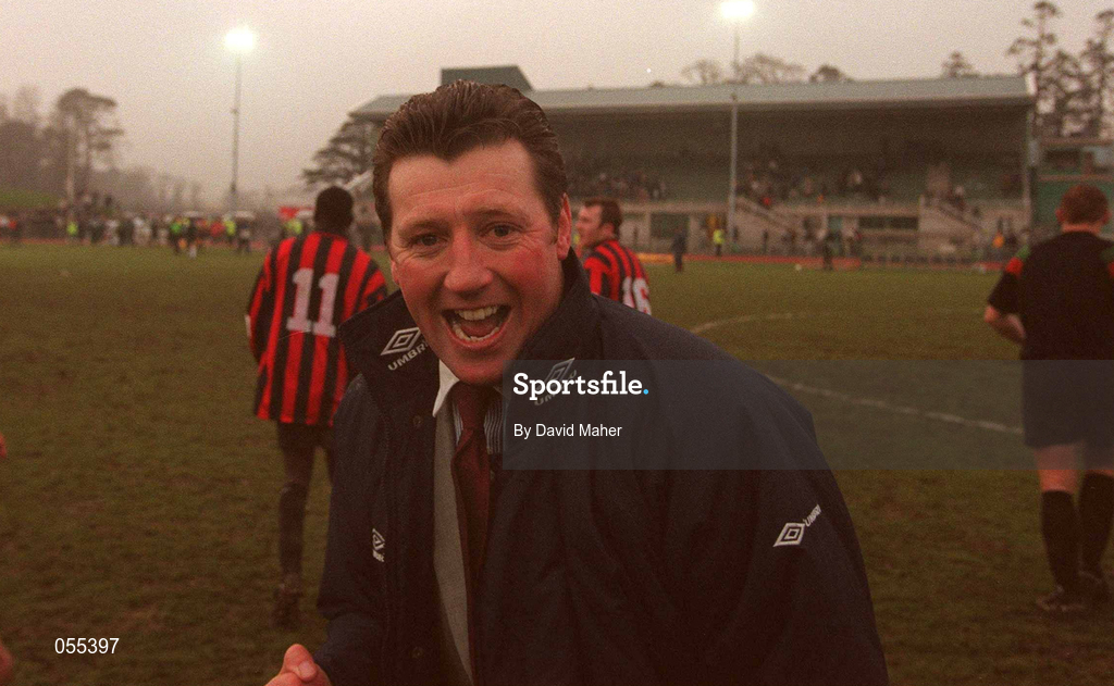 28 January 2001; Bohemians manager Roddy Collins celebrates at the final whistle of the Eircom League Premier Division match between Shamrock Rovers and Bohemians at Morton Stadium in Santry, Dublin. Photo by David Maher/Sportsfile