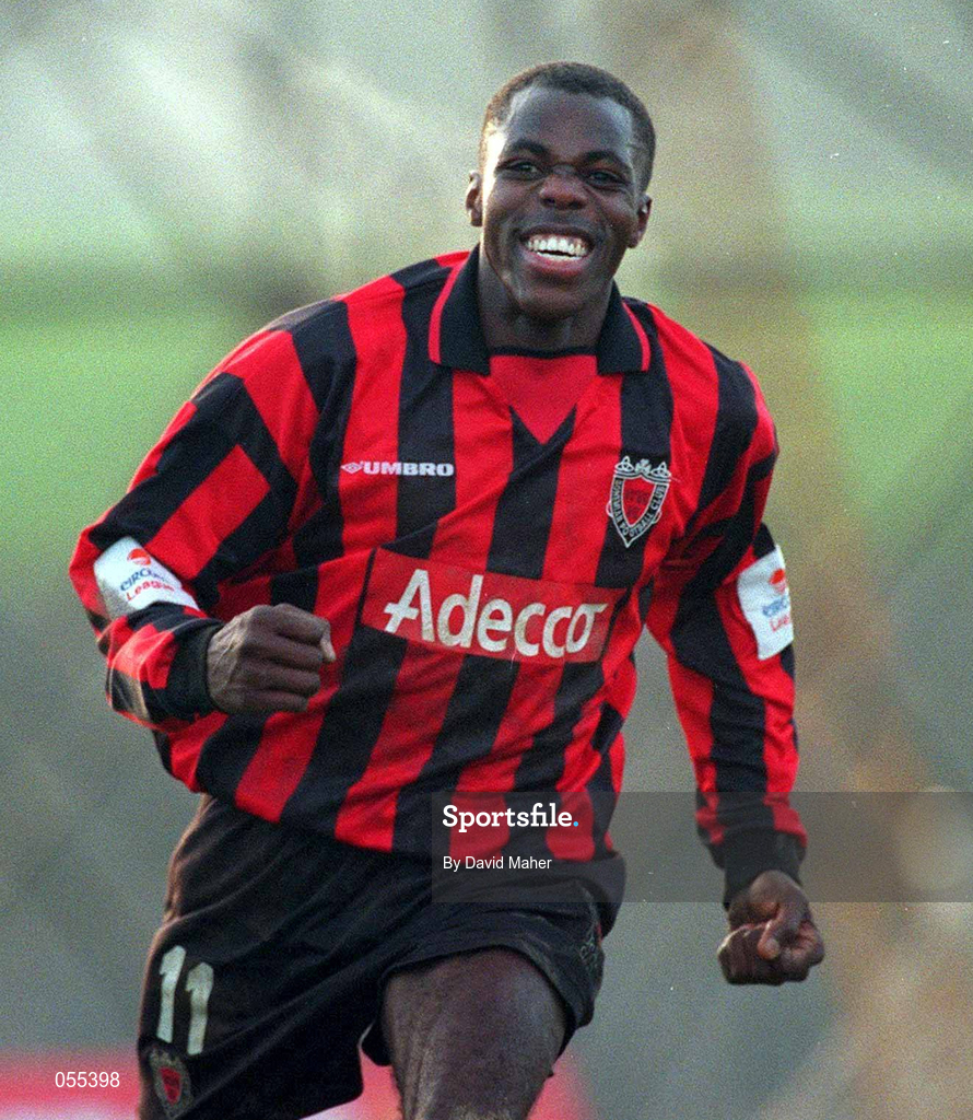 28 January 2001; Mark Rutherford of Bohemians celebrates after scoring his sides fifth goal during the Eircom League Premier Division match between Shamrock Rovers and Bohemians at Morton Stadium in Santry, Dublin. Photo by David Maher/Sportsfile