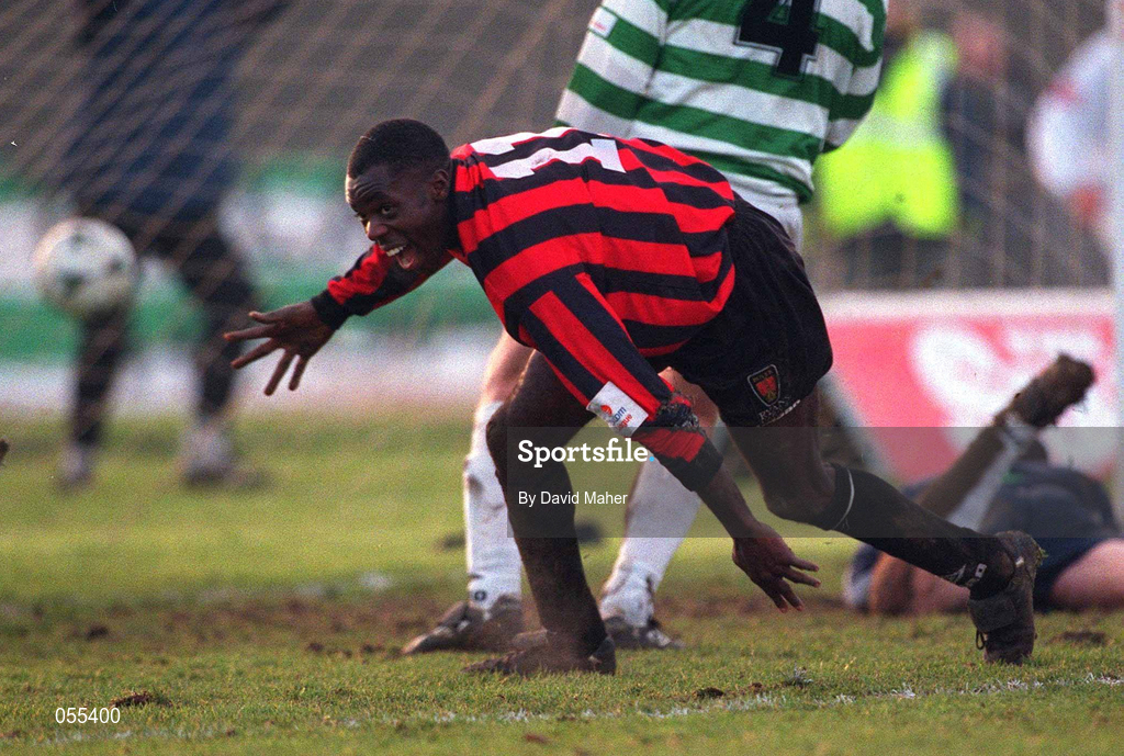 28 January 2001; Mark Rutherford of Bohemians  celebrates after scoring his sides fifth goal during the Eircom League Premier Division match between Shamrock Rovers and Bohemians at Morton Stadium in Santry, Dublin. Photo by David Maher/Sportsfile