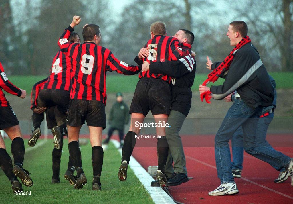 28 January 2001; Bohemians players and supporters celebrate after their side's sixth goal during the Eircom League Premier Division match between Shamrock Rovers and Bohemians at Morton Stadium in Santry, Dublin. Photo by David Maher/Sportsfile