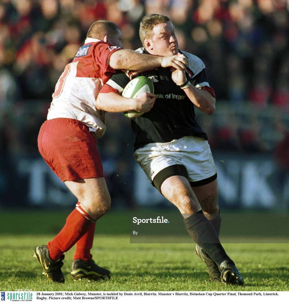 28 January 2001; Mick Galwey, Munster, is tackled by Denis Avril, Biarritz. Munster v Biarritz, Heineken Cup Quarter Final, Thomond Park, Limerick. Rugby. Picture credit; Matt Browne/SPORTSFILE