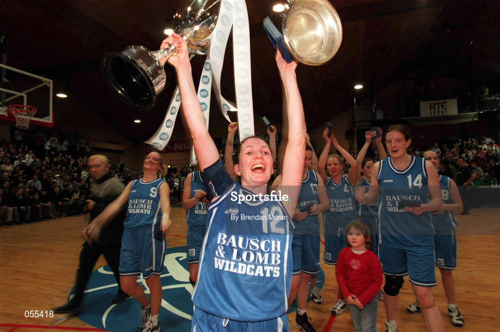 28 January 2001; Wildcats captain Christine Kiely lifts the cup following the ESB Women's Cup Final match between Wildcats and Tolka Rovers at the National Basketball Arena in Tallaght, Dublin. Photo by Brendan Moran/Sportsfile