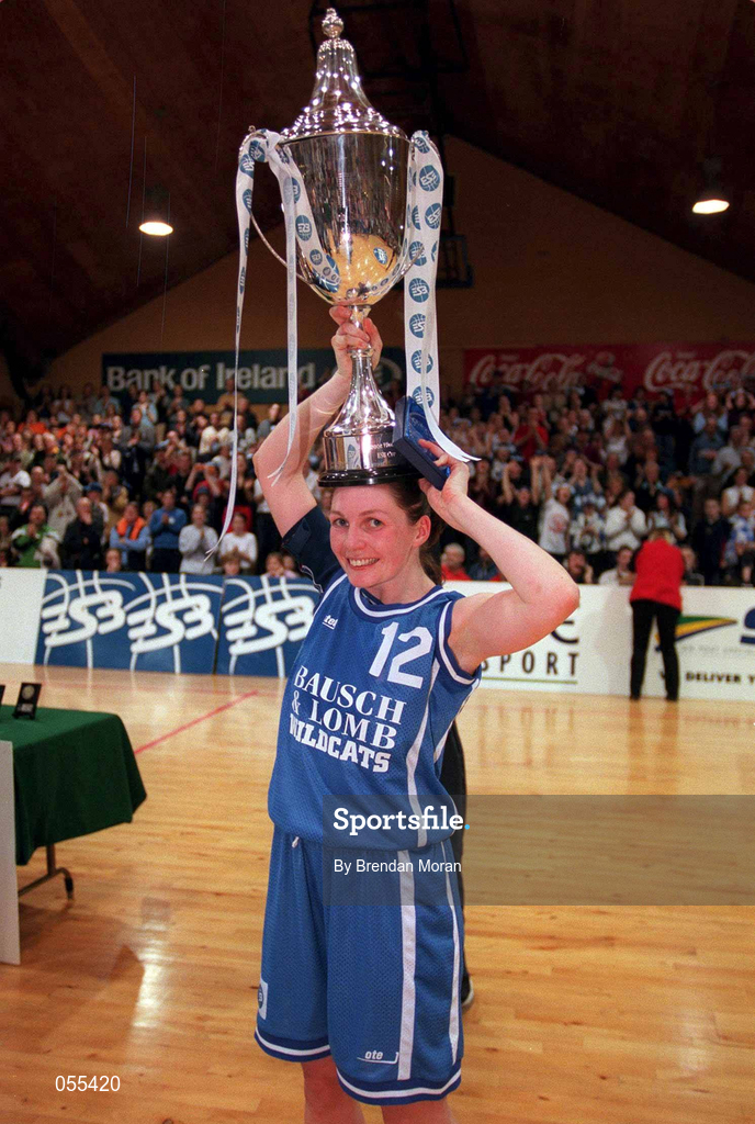 28 January 2001; Wildcats captain Christine Kiely, lifts the cup after her teams victory in the ESB Women's Cup Final match between Wildcats and Tolka Rovers at the National Basketball Arena in Tallaght, Dublin. Photo by Brendan Moran/Sportsfile