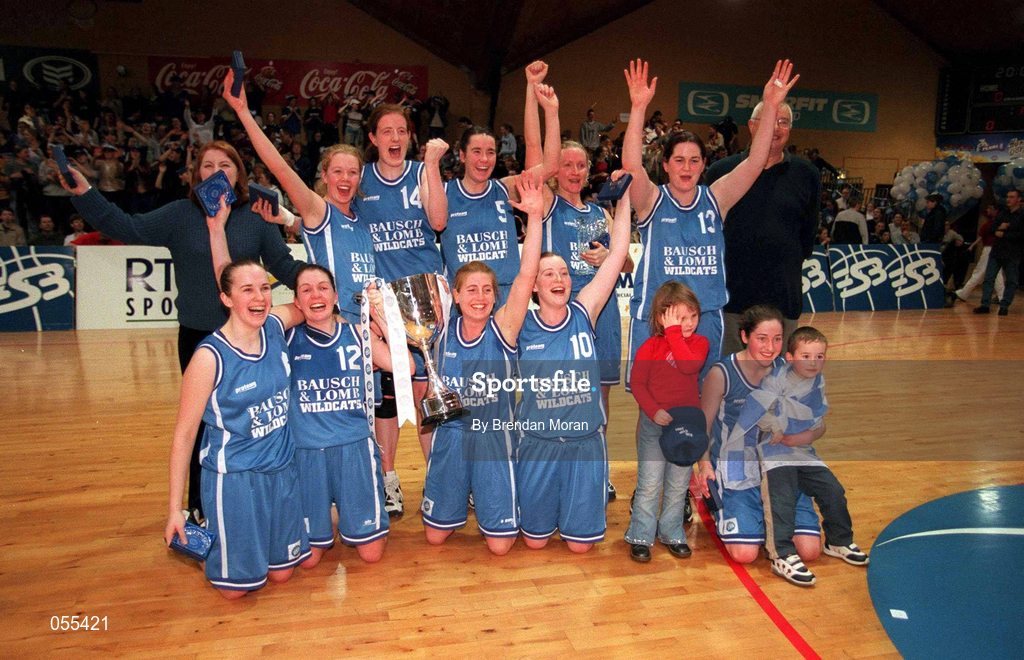 28 January 2001; The Wildcats team celebrate their victory in the ESB Women's Cup Final match between Wildcats and Tolka Rovers at the National Basketball Arena in Tallaght, Dublin. Photo by Brendan Moran/Sportsfile