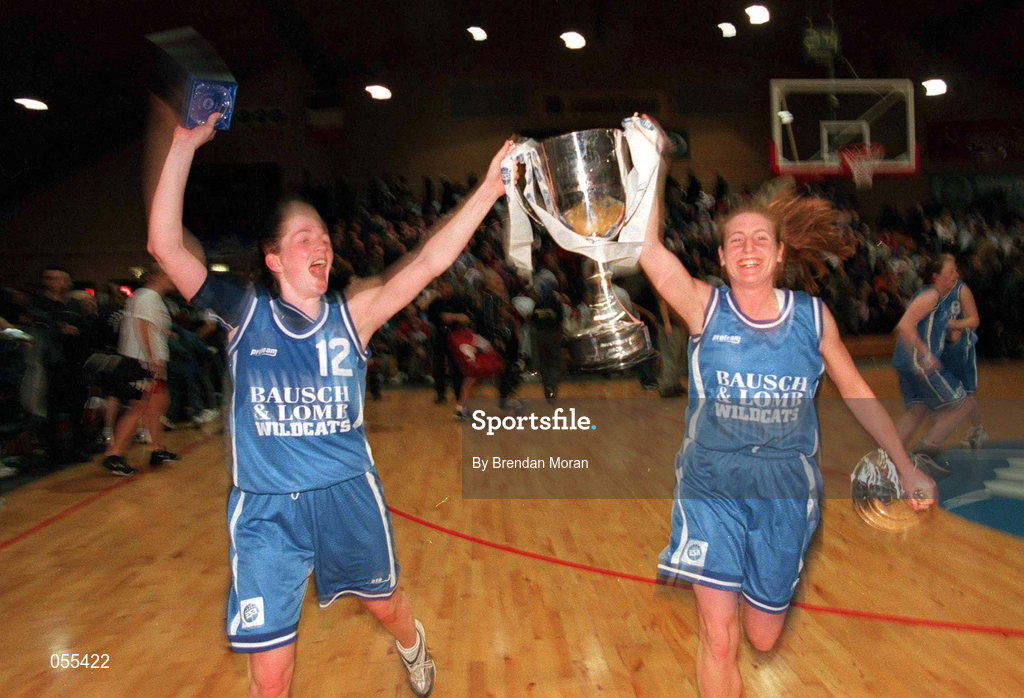 28 January 2001; Wildcats captain Christine Kiely, left, and teammate Olivia O'Reilly celebrate victory in the ESB Women's Cup Final match between Wildcats and Tolka Rovers at the National Basketball Arena in Tallaght, Dublin. Photo by Brendan Moran/Sportsfile