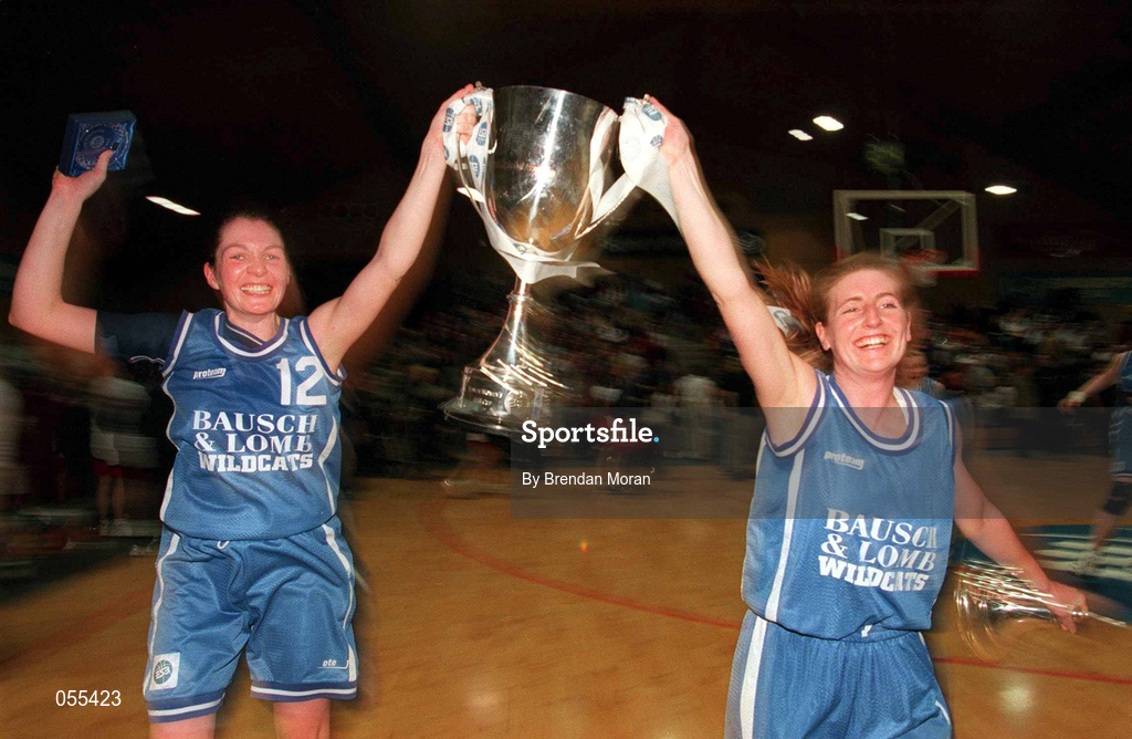 28 January 2001; Wildcats captain Christine Kiely, left, and teammate Olivia O'Reilly celebrate victory in the ESB Women's Cup Final match between Wildcats and Tolka Rovers at the National Basketball Arena in Tallaght, Dublin. Photo by Brendan Moran/Sportsfile