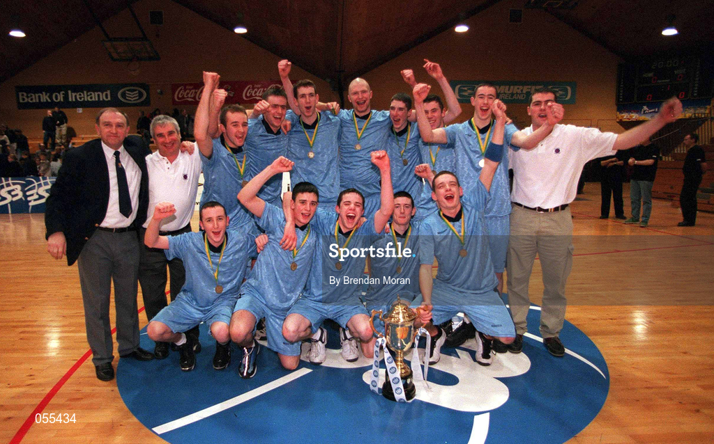 28 January 2001; The Neptune team celebrate winning the Men's U19 Cup Final match between Neptune and Big Al's Notre Dame at the National Basketball Arena in Tallaght, Dublin. Photo by Brendan Moran/Sportsfile