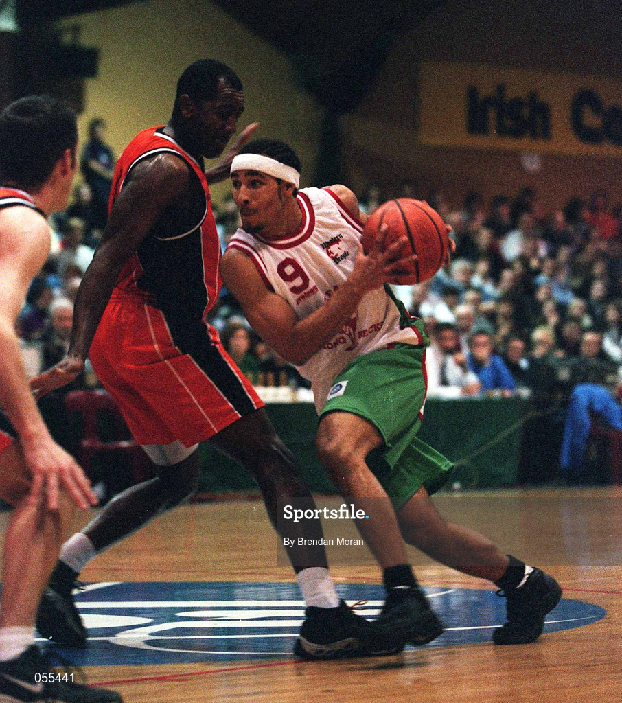 28 January 2001; Bryan Howard of Longnecks Ballina drives for the basket past Ed Randolph of Killester during the ESB Men's Cup Final match between Killester and Longnecks Ballina at the National Basketball Arena in Tallaght, Dublin. Photo by Brendan Moran/Sportsfile