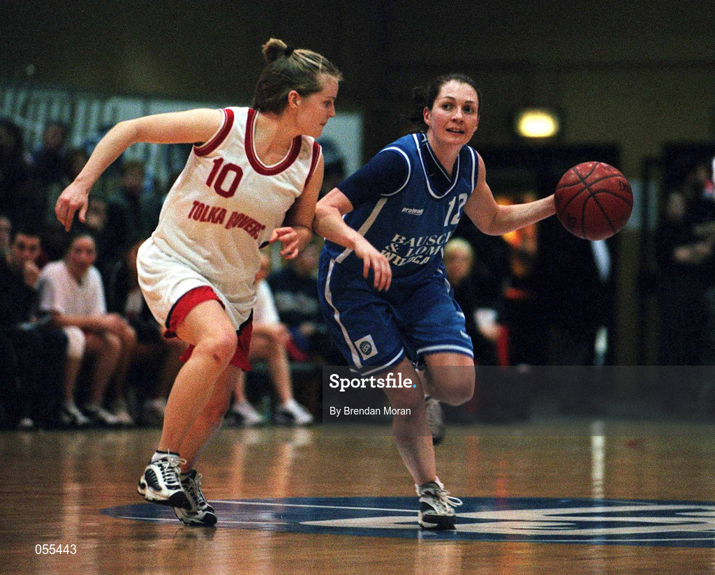 28 January 2001; Christine Kiely of Wildcats in action against Denise Walsh of Tolka Rovers during the ESB Women's Cup Final match between Wildcats and Tolka Rovers at the National Basketball Arena in Tallaght, Dublin. Photo by Brendan Moran/Sportsfile