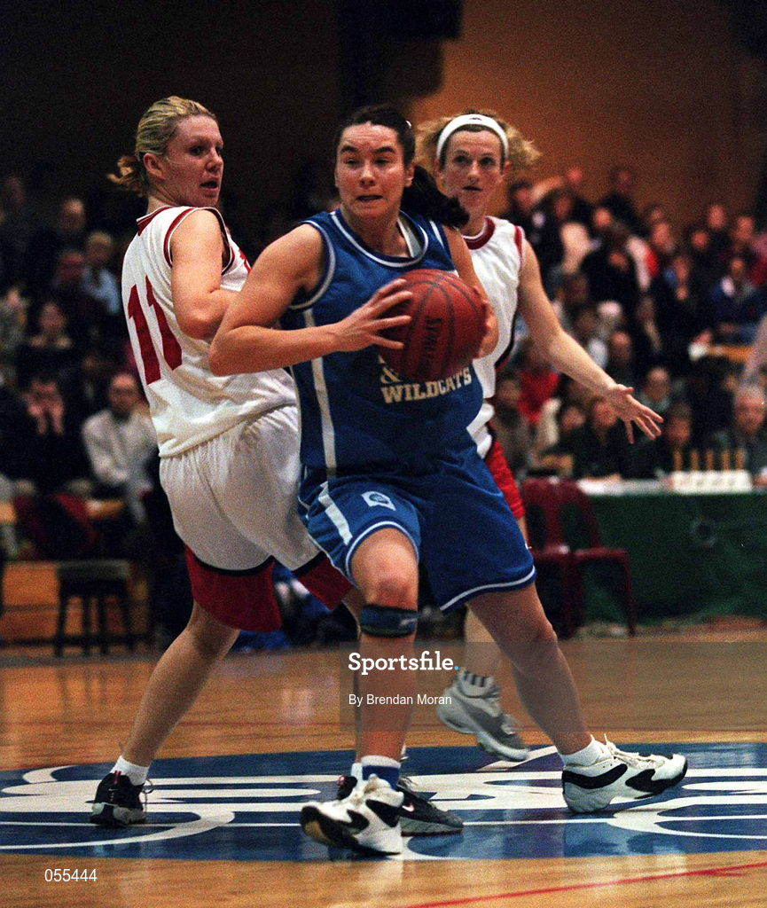 28 January 2001; Jillian Hayes of Wildcats in action against Sharon Kelly of Tolka Rovers during the ESB Women's Cup Final match between Wildcats and Tolka Rovers at the National Basketball Arena in Tallaght, Dublin. Photo by Brendan Moran/Sportsfile