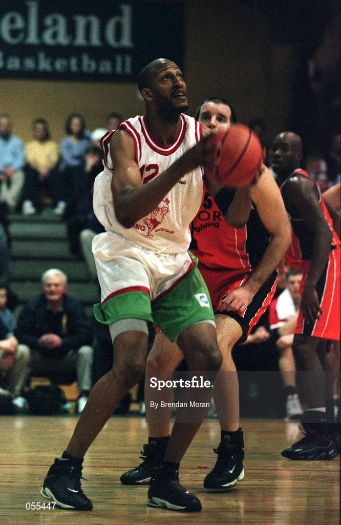 28 January 2001; Damon Rowntree of Longnecks Ballina shoots for a basket ahead of John Leahy of Killester during the ESB Men's Cup Final match between Killester and Longnecks Ballina at the National Basketball Arena in Tallaght, Dublin. Photo by Brendan Moran/Sportsfile