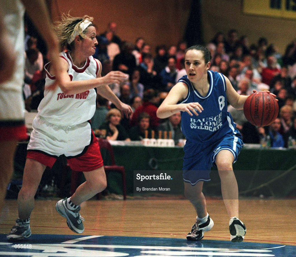 28 January 2001; Kim Fitzpatrick of Wildcats in action against Abgie McNally of Tolka Rovers during the ESB Women's Cup Final match between Wildcats and Tolka Rovers at the National Basketball Arena in Tallaght, Dublin. Photo by Brendan Moran/Sportsfile