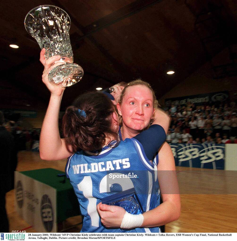 28 January 2001; Wildcats' MVP Christine Kiely celebrates with team captain Christine Kiely. Wildcats v Tolka Rovers, ESB Women's Cup Final, National Basketball Arena, Tallaght, Dublin. Picture credit; Brendan Moran/SPORTSFILE