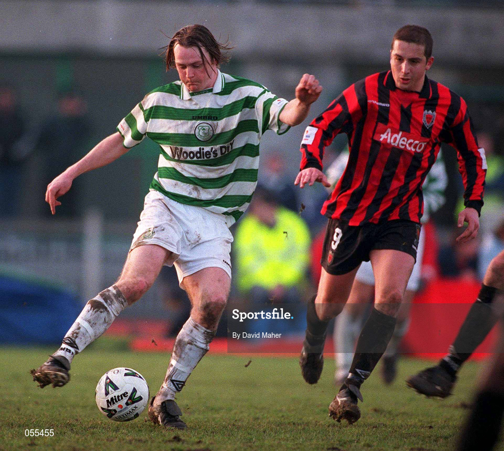 28 January 2001; Pat Deans of Shamrock Rovers in action against Alex Nesovic of Bohemians during the Eircom League Premier Division match between Shamrock Rovers and Bohemians at Morton Stadium in Santry, Dublin. Photo by David Maher/Sportsfile