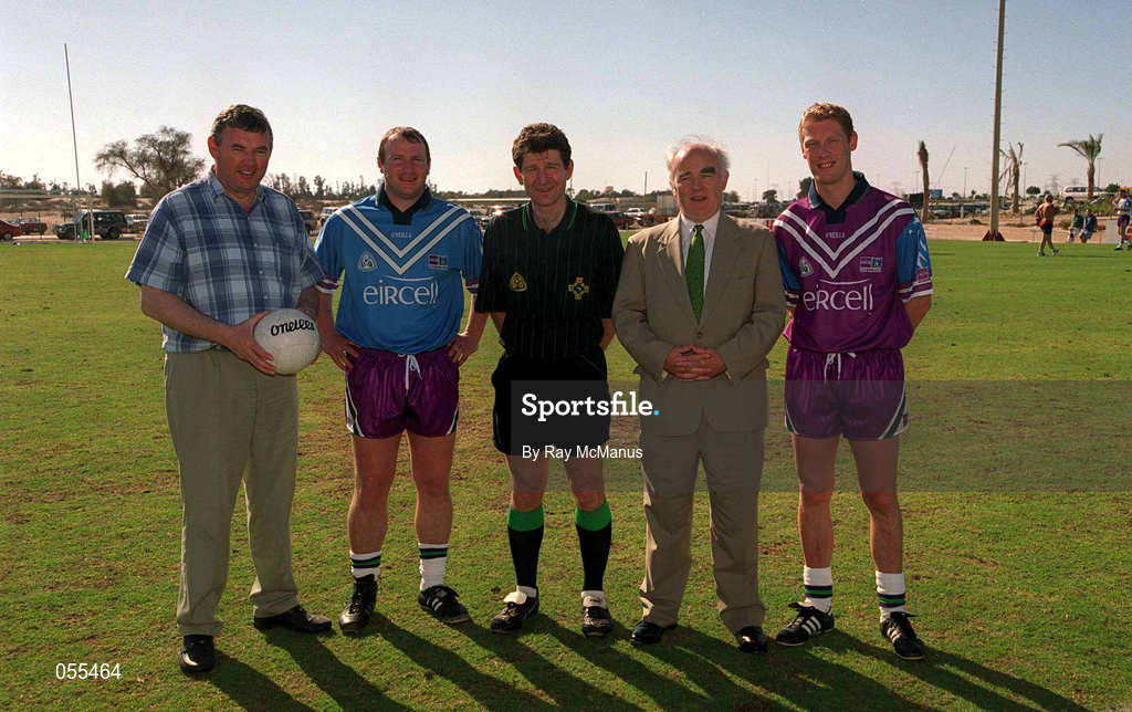 26 January 2001; Referee Brian White, centre, also pictured are, Declan O'Keeffe, captain of the 2000 All Stars, and Graham Geraghty, captain of the 1999 All Stars, GAA President, Sean McCague and Conor Murphy Irish Ambassador to the region during an exhibition match on the Eircell GAA All-Star tour at the Dubai Rugby Ground in Dubai, United Arab Emirates. Photo by Ray McManus/Sportsfile