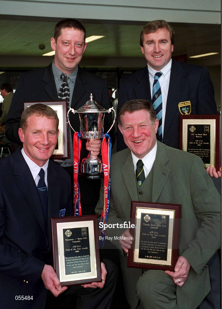 29 January 2001; Winners of the AIB Provincial Club of the Year at the annual AIB Club of the Year awards banquet in Croke Park are, back row from left, Noel McChrystal of Sean Dolan's GAA Club, Ulster, which also won the Overall Club of the Year, Padhraic Duane of Thomas Davis GAA Club, Leinster. Front row, from left, Gerry Fahy of  Oranmore/Maree GAA Club, Connacht, and Michael Wadding of An Ruan Mhor GAA Club, Munster. Photo by Ray McManus/Sportsfile