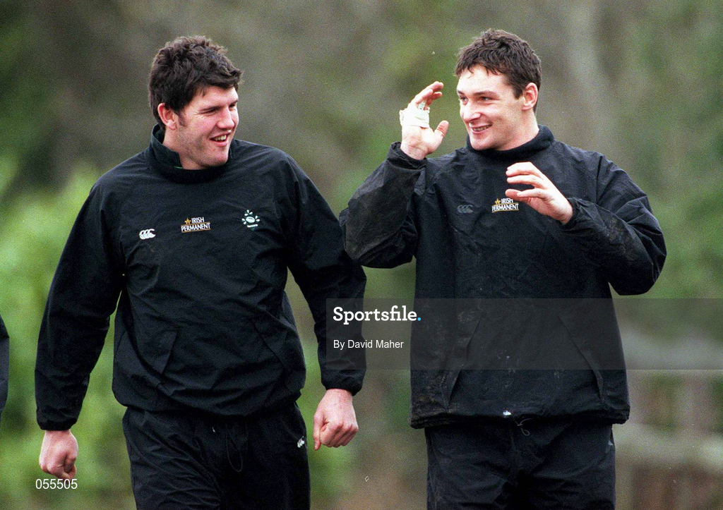 29 January 2001; Shane Horgan, left, and David Wallace during Ireland rugby squad training at ALSAA Sportsgrounds in Dublin. Photo by David Maher/Sportsfile