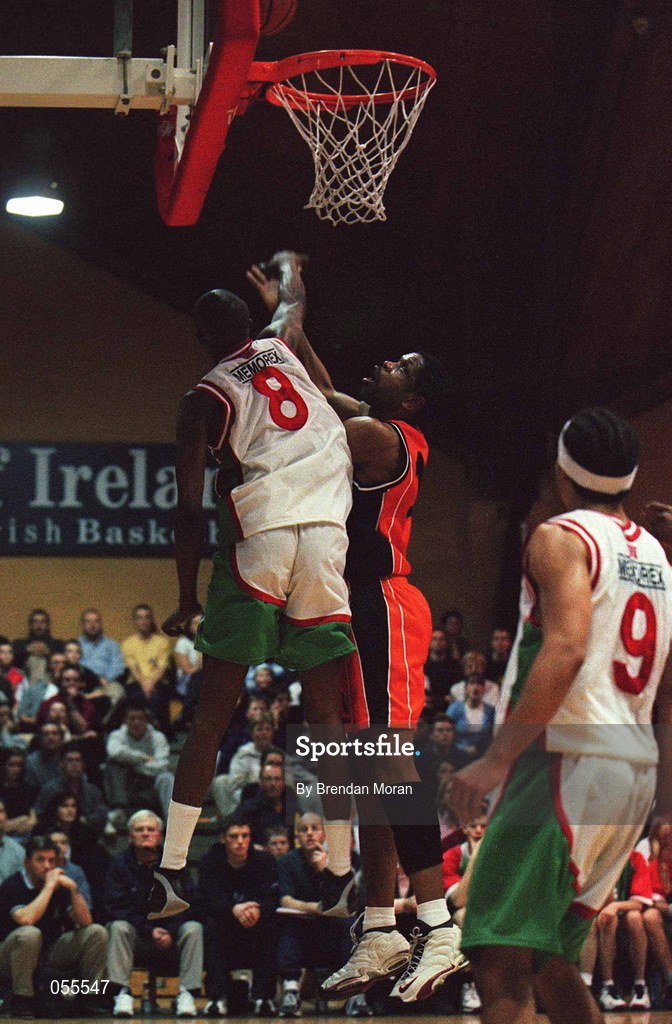 27 January 2001; Jerome Westbrooks of Killester in action against Deora Marsh of Longnecks Ballina during the ESB Men's Cup Semi-Final match between Killester and Big Al's Notre Dame at the National Basketball Arena in Tallaght, Dublin. Photo by Brendan Moran/Sportsfile