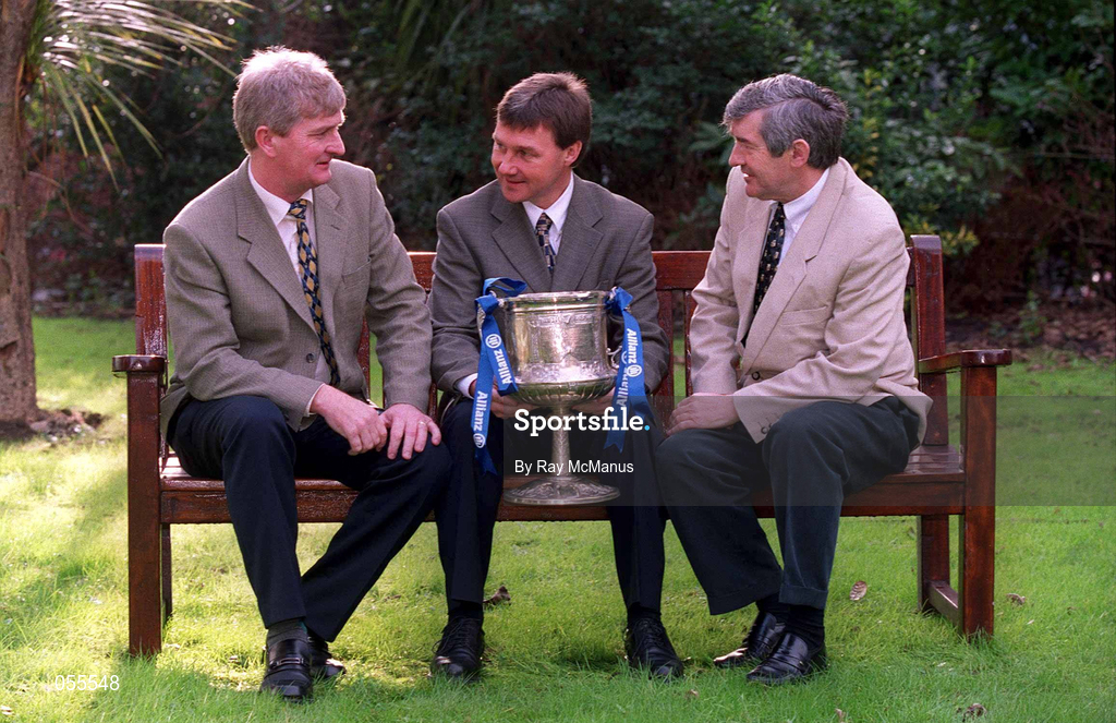 30 January 2001; Pictured at a Meet the Managers Photocall in the Berkeley Court Hotel are hurling managers, from left, Noel Lane of Galway, Tom Cashman of Cork and Tony Dempsey of Wexford. Photo by Ray McManus/Sportsfile. Photo by Ray McManus/Sportsfile