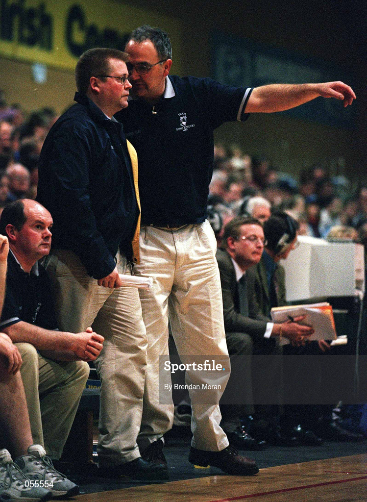 28 January 2001; Longnecks Ballina coach Sean McHale, right, discusses tactics with Terry Kennedy during the ESB Men's Cup Final match between Killester and Longnecks Ballina at the National Basketball Arena in Tallaght, Dublin. Photo by Brendan Moran/Sportsfile