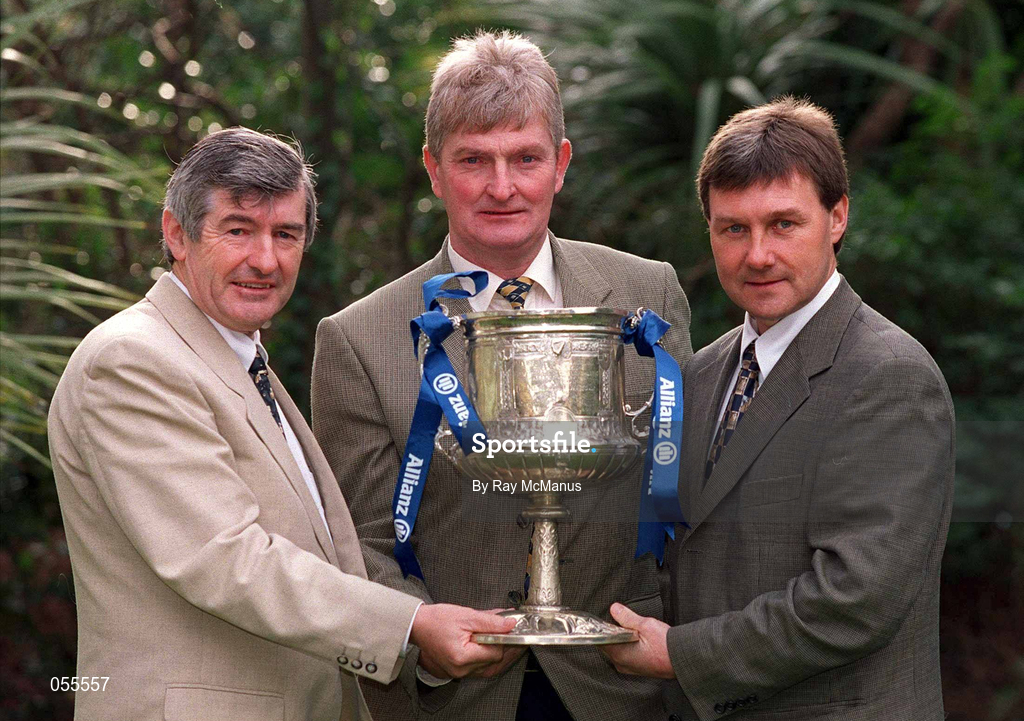 30 January 2001; Pictured at a Meet the Managers Photocall in the Berkeley Court Hotel are hurling managers, from left, Tony Dempsey of Wexford, Noel Lane of Galway, and Tom Cashman of Cork. Photo by Ray McManus/Sportsfile