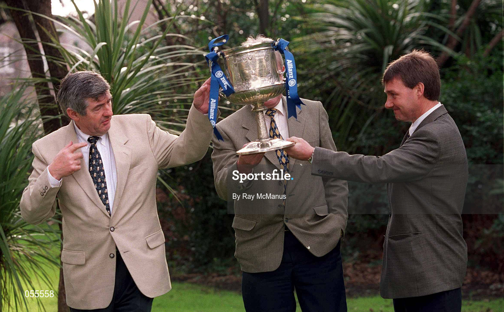 30 January 2001; Pictured at a Meet the Managers Photocall in the Berkeley Court Hotel are hurling managers, from left, Tony Dempsey of Wexford, Noel Lane of Galway, and Tom Cashman of Cork. Photo by Ray McManus/Sportsfile