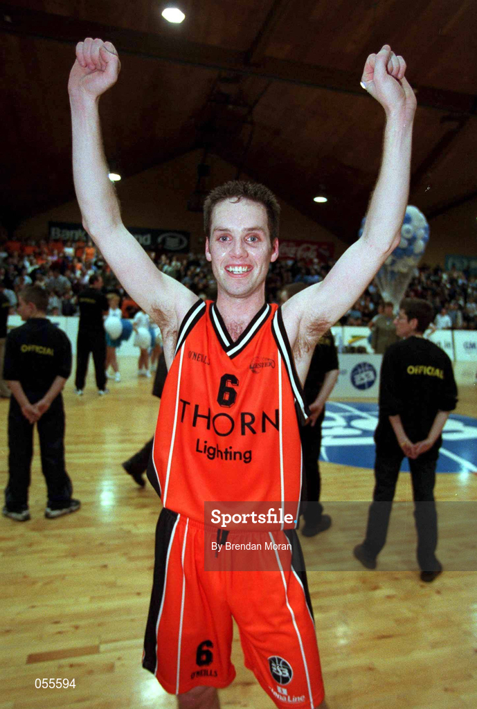 28 January 2001; Adrian Fulton of Killester celebrates following the ESB Men's Cup Final match between Killester and Longnecks Ballina at the National Basketball Arena in Tallaght, Dublin. Photo by Brendan Moran/Sportsfile
