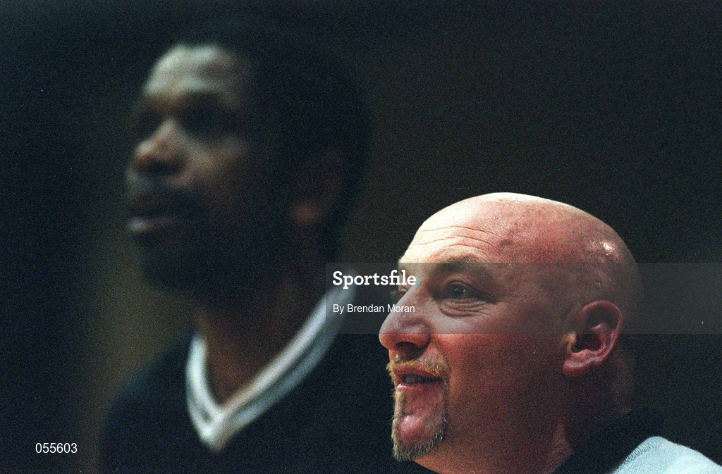28 January 2001; Killester coach Mark Ingle with assistant coach Jerome Westbrooks during the ESB Men's Cup Final match between Killester and Longnecks Ballina at the National Basketball Arena in Tallaght, Dublin. Photo by Brendan Moran/Sportsfile