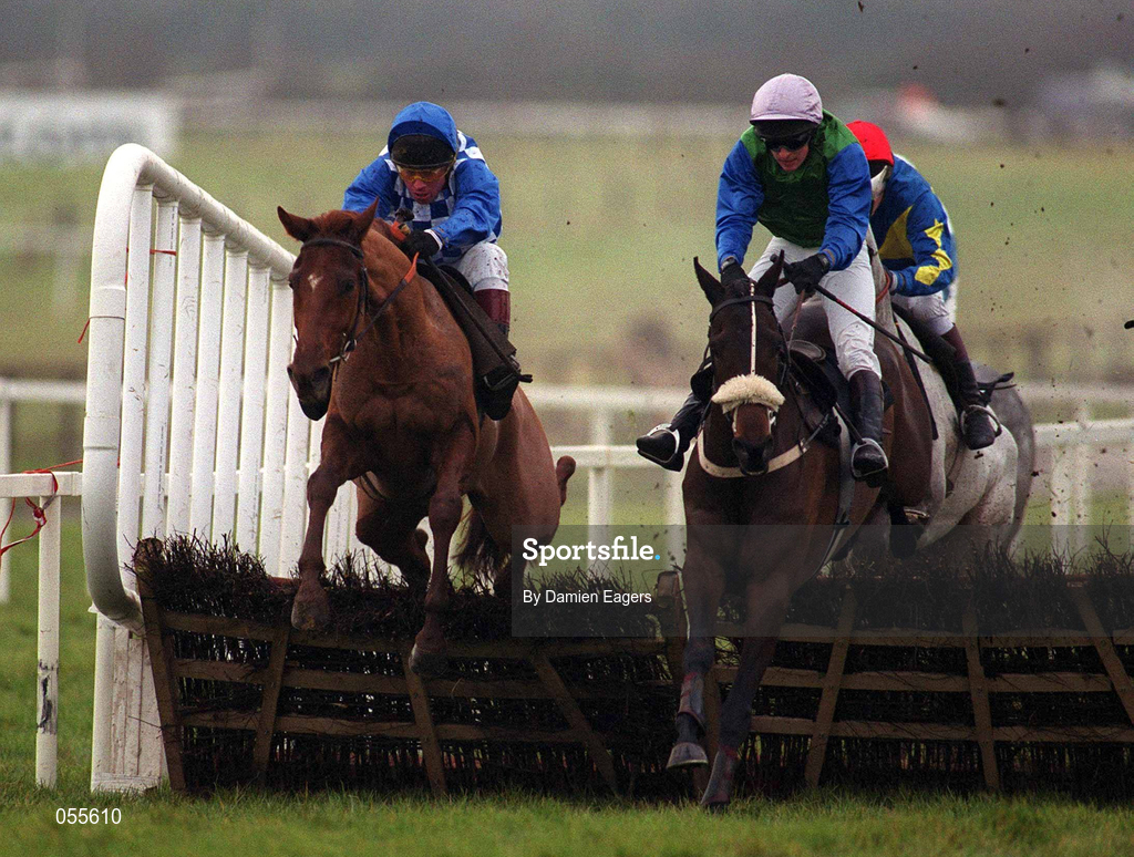 28 January 2001; Johnny Ringo, left, with Jason Titley up, clears the last with Caol Na Sprida, with Ross Geraghty up, to go on and win The Kehoe Partitions & Ceilings Maiden Hurdle at Fairyhouse Racecourse in Ratoath, Meath. Photo by Damien Eagers/Sportsfile