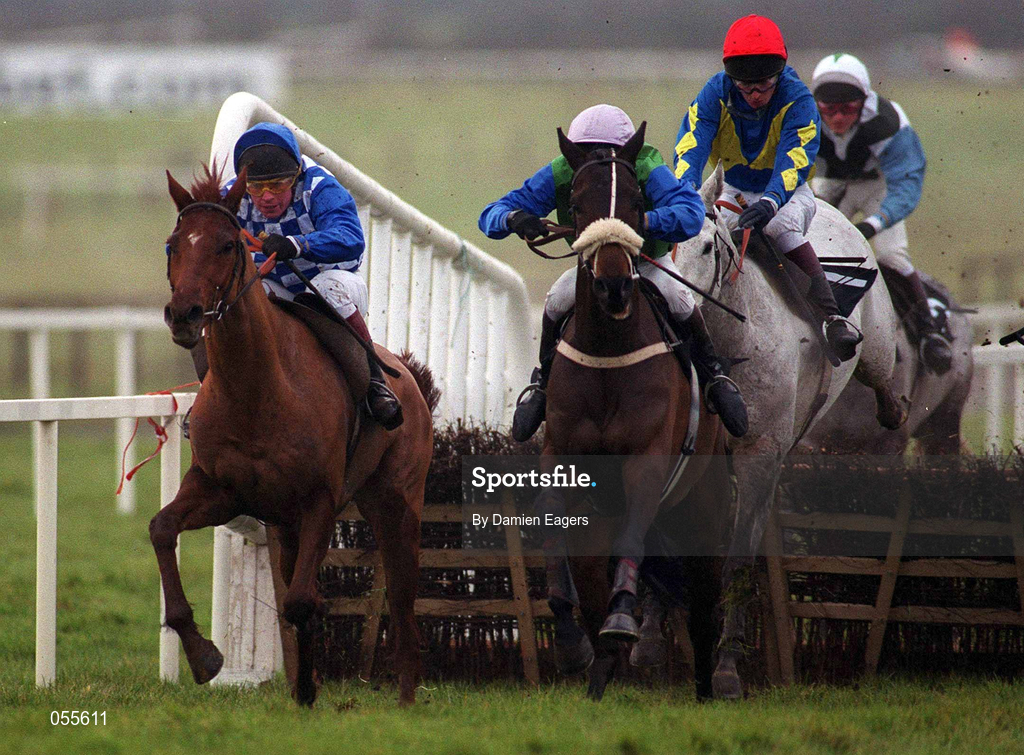 28 January 2001; Johnny Ringo, left, with Jason Titley up, races clear of with Caol Na Sprida, Ross Geraghty up, to go on and win The Kehoe Partitions & Ceilings Maiden Hurdle Fairyhouse, Co. Meath. horse racing. Picture credit; Damien Eagers/SPORTSFILE
