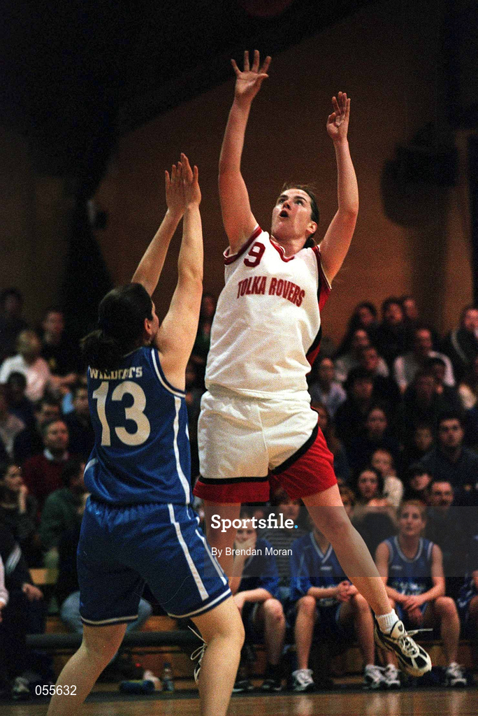 28 January 2001; Suzanne Maguire of Tolka Rovers in action against Trish Nolan of Wildcats during the ESB Women's Cup Final match between Wildcats and Tolka Rovers at the National Basketball Arena in Tallaght, Dublin. Photo by Brendan Moran/Sportsfile