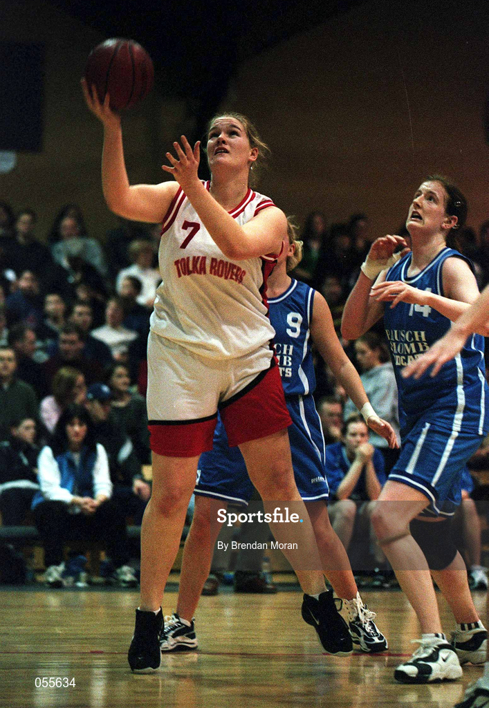 28 January 2001; Michelle Canavan of Tolka Rovers in action against Orla Dempsey of Wildcats during the ESB Women's Cup Final match between Wildcats and Tolka Rovers at the National Basketball Arena in Tallaght, Dublin. Photo by Brendan Moran/Sportsfile