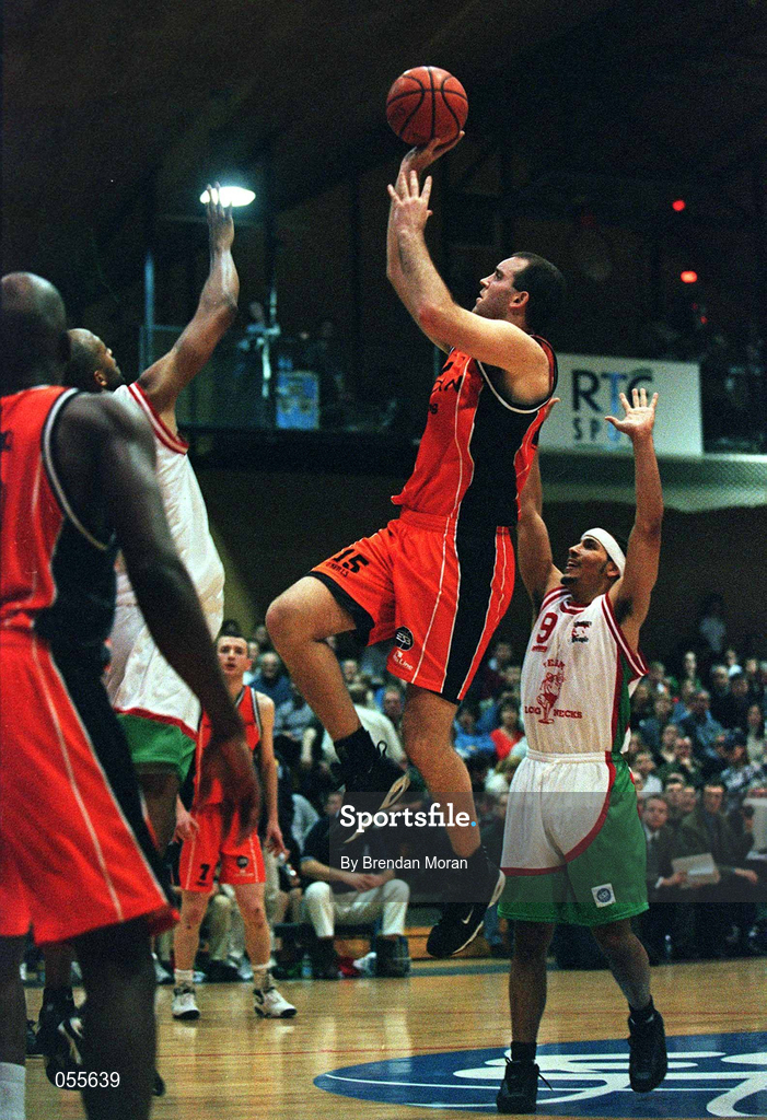 28 January 2001; John Leahy of Killester during the ESB Men's Cup Final match between Killester and Longnecks Ballina at the National Basketball Arena in Tallaght, Dublin. Photo by Brendan Moran/Sportsfile